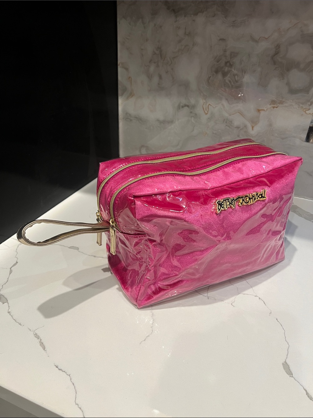 Betsey Johnson Pink Vinyl Double-Zip Cosmetic Case